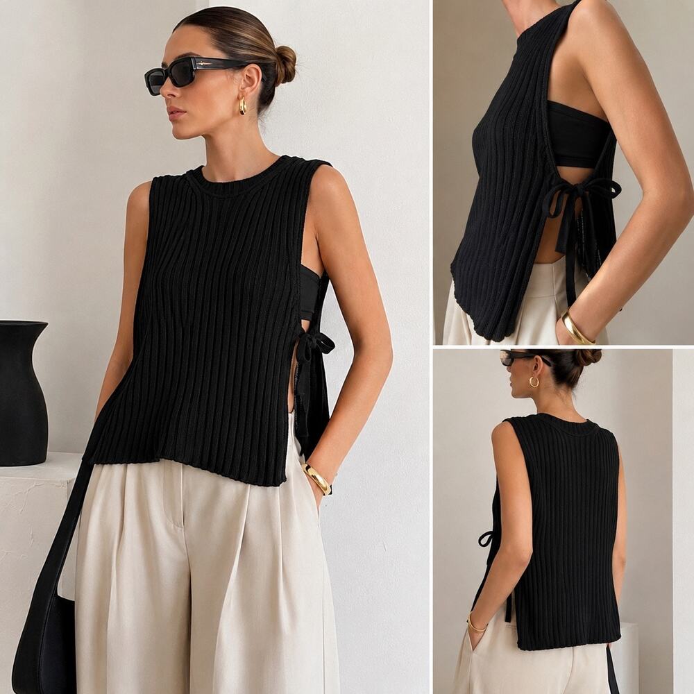 Wolford Black Ribbed Knit Side Tie Sleeveless Tunic Top XS Wool Blend Luxury